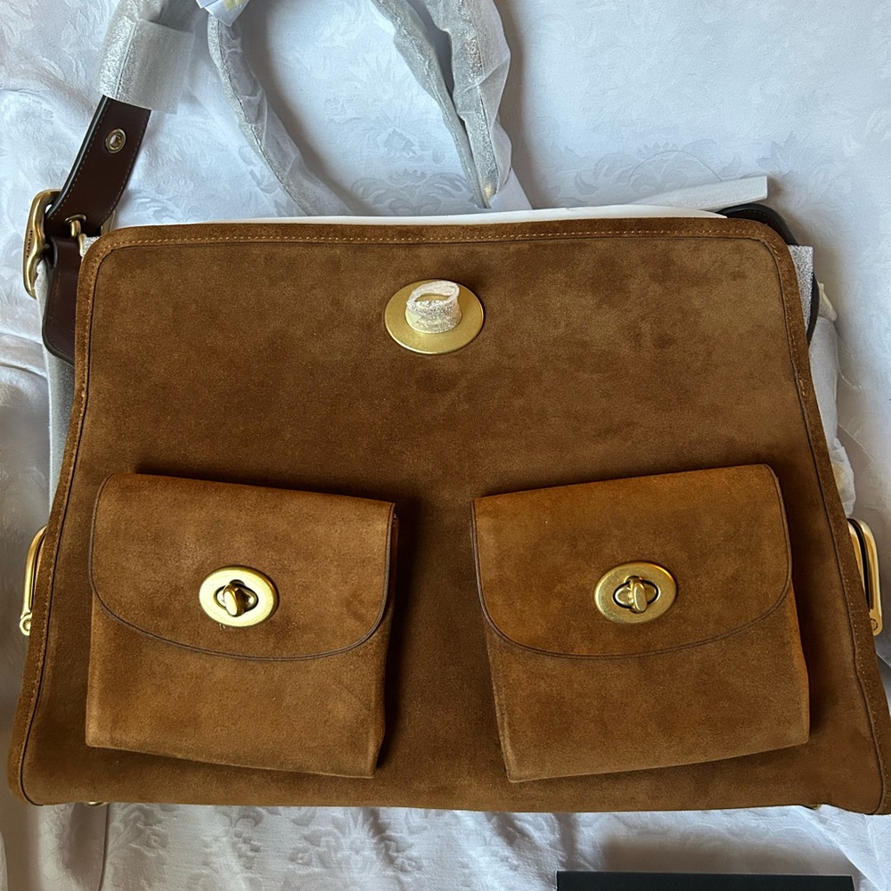 Coach Brown Suede Crossbody Haversack with Gold Hardware - Picture 14 of 14